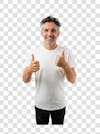 40 year old man, slightly gray hair, wearing a white t shirt, with a happy expression, making a thumbs up sign with his hands.