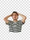 Young man with a panicked expression, hands on head, looking up, wearing black and white striped t shirts.