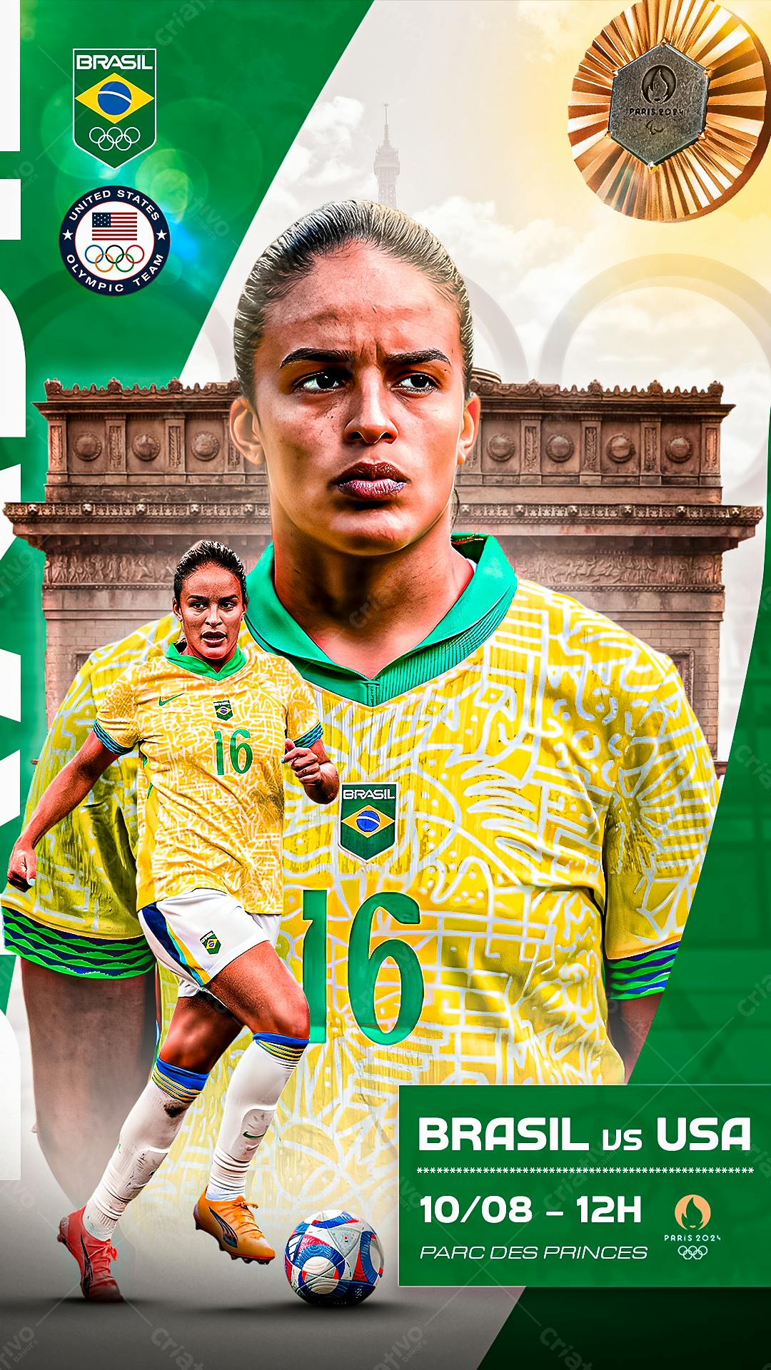Poster Brasil x EUA - Futebol Feminino PSD Editável