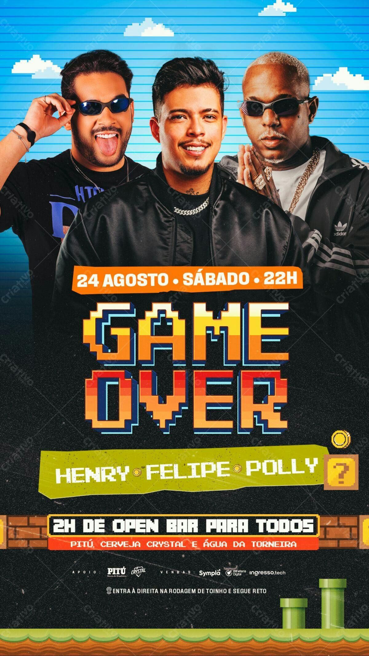 Flyer Festa Game Over com Henry, Felipe e Polly PSD Editável
