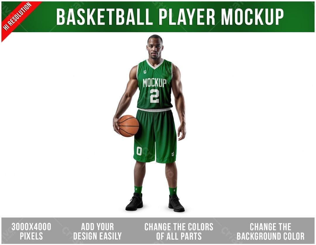 Mockup Camiseta Basquete Verde: Jogador Afro-Americano