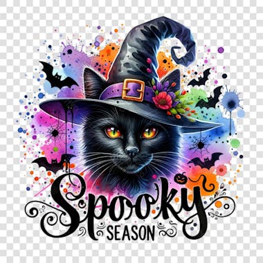 Watercolor halloween spooky season black witch cat png