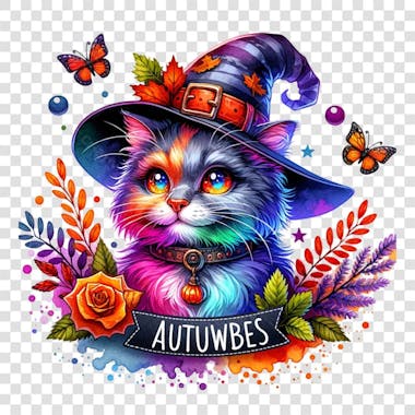 Watercolor halloween spooky season cat witch clipart png