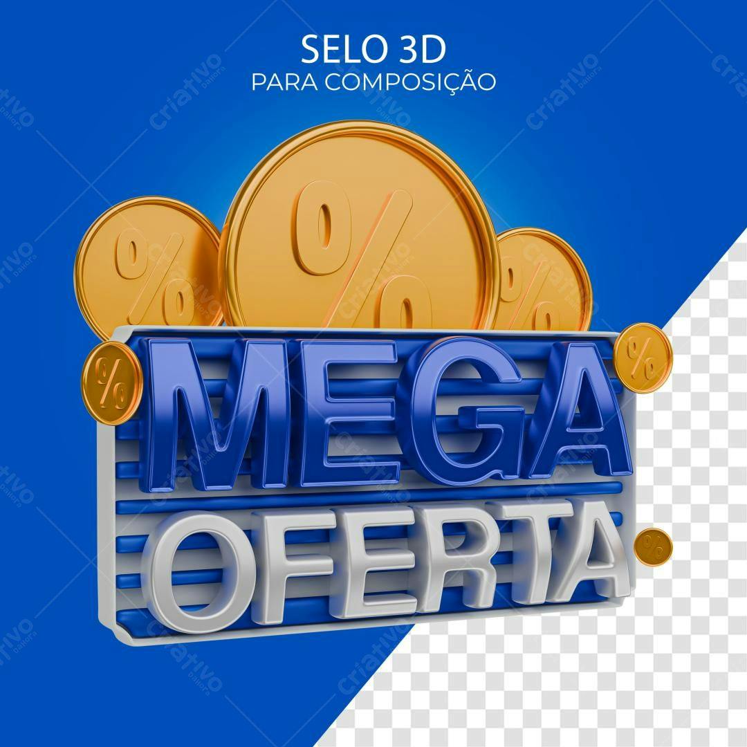 Selo 3D promoção Mega Oferta azul e dourado