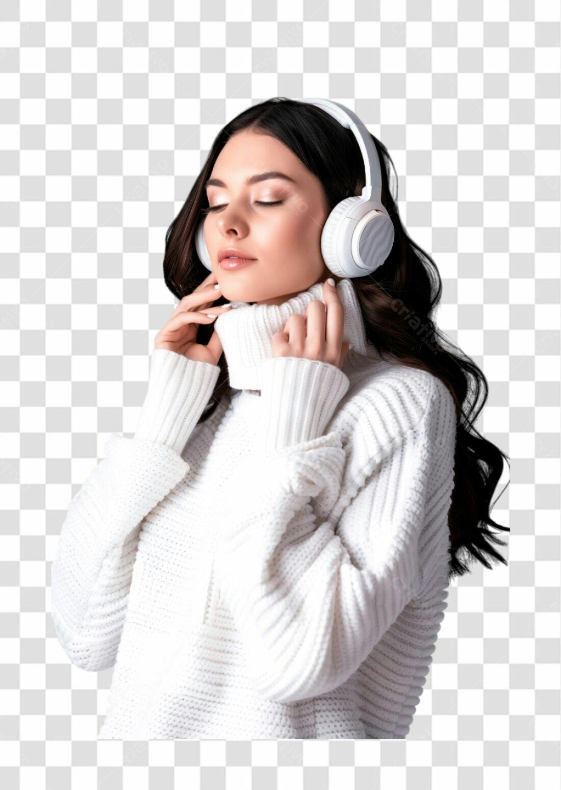 Imagem PNG com fundo transparente de mulher usando fone de ouvido branco