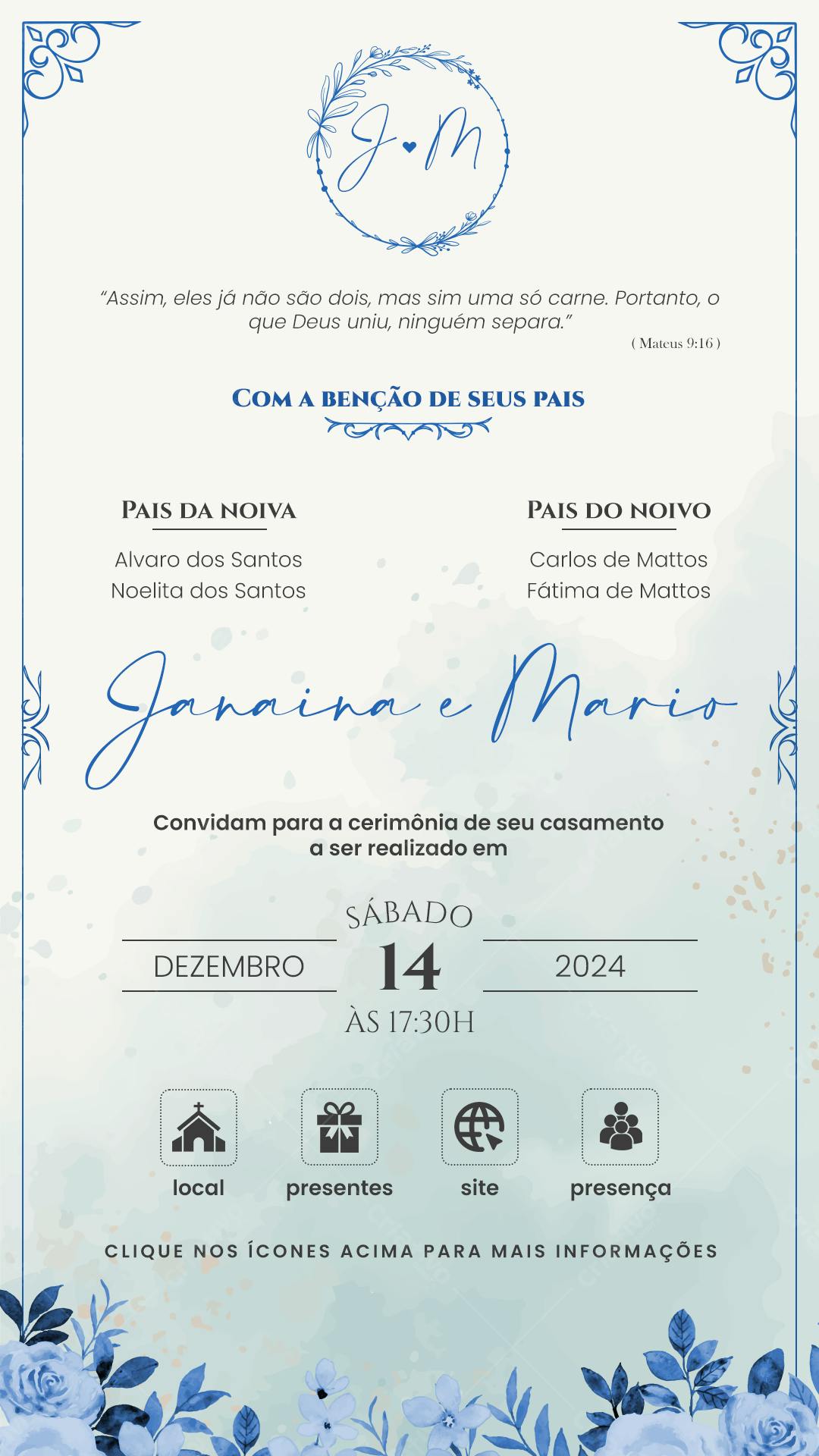 Convite de Casamento Azul e Flores PSD Editável