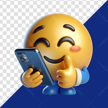 Elemento 3d de emoji segurando um celular enquanto faz um joinha