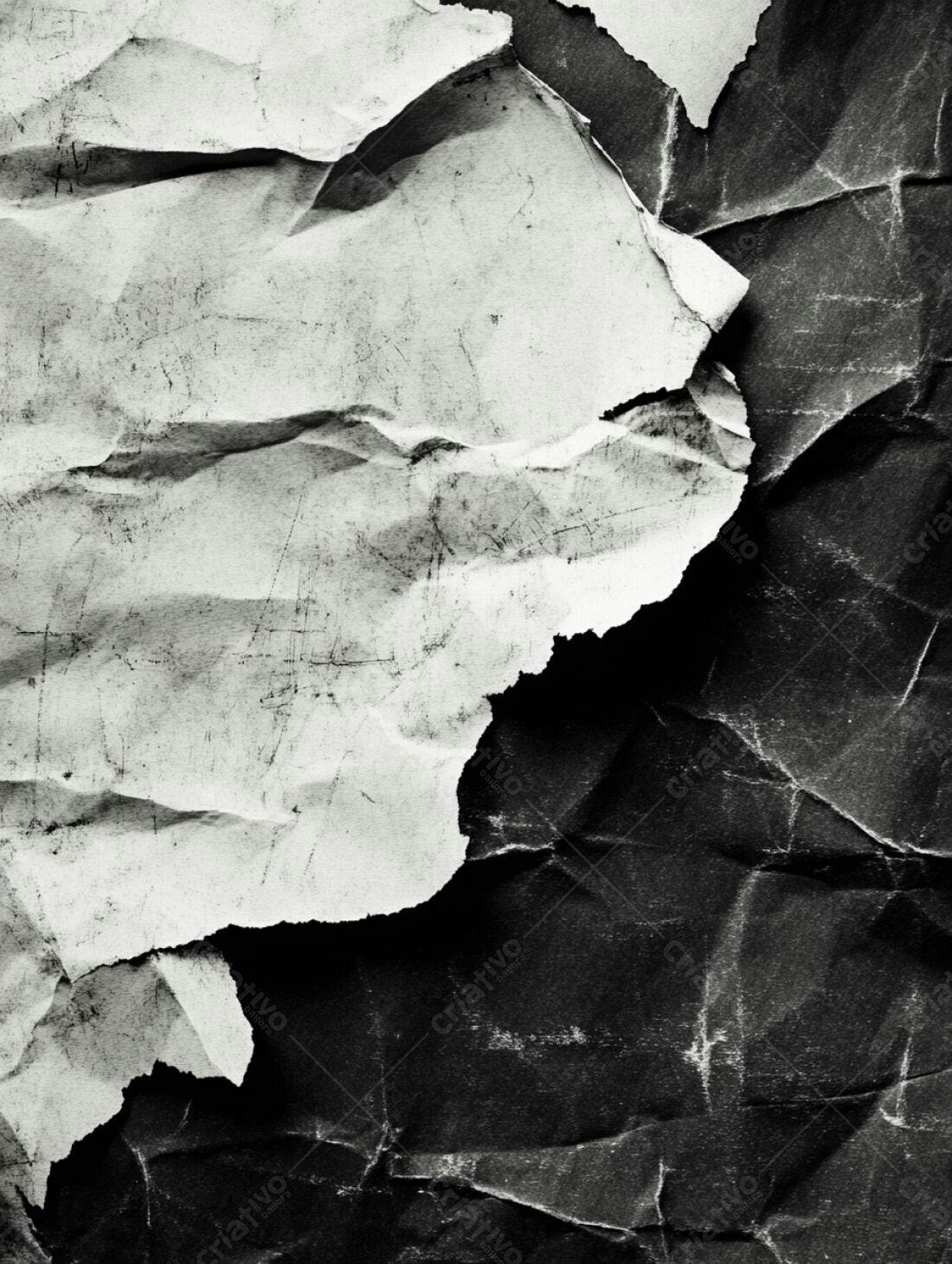 Papel amassado preto e branco rasgado