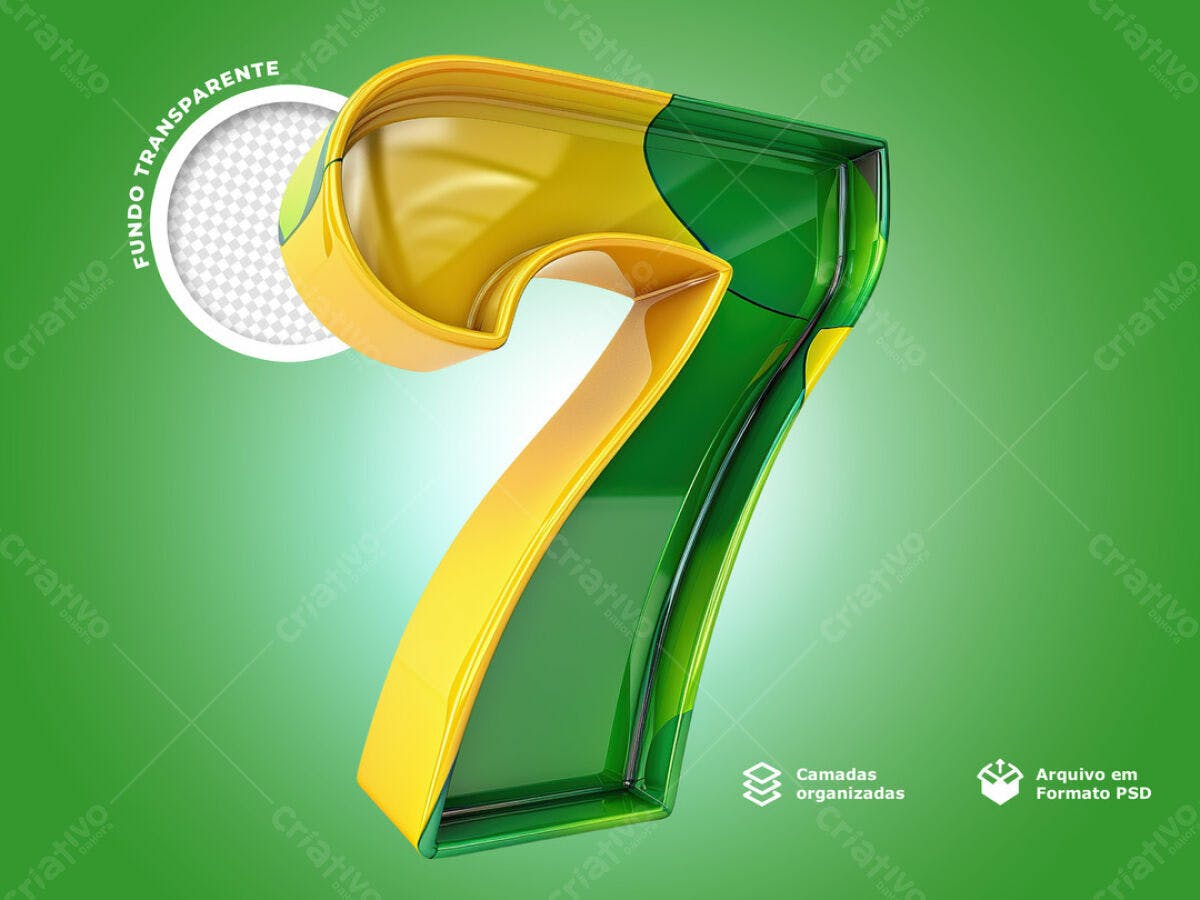 Número 7 em 3D Verde e Amarelo PSD Editável