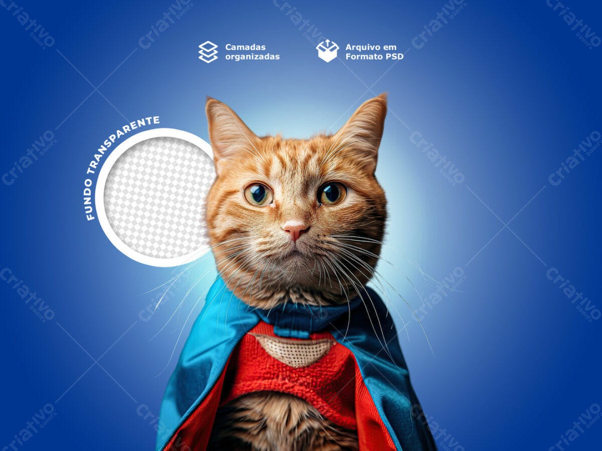 Post para Redes Sociais com Gato Super-Herói PSD Editável
