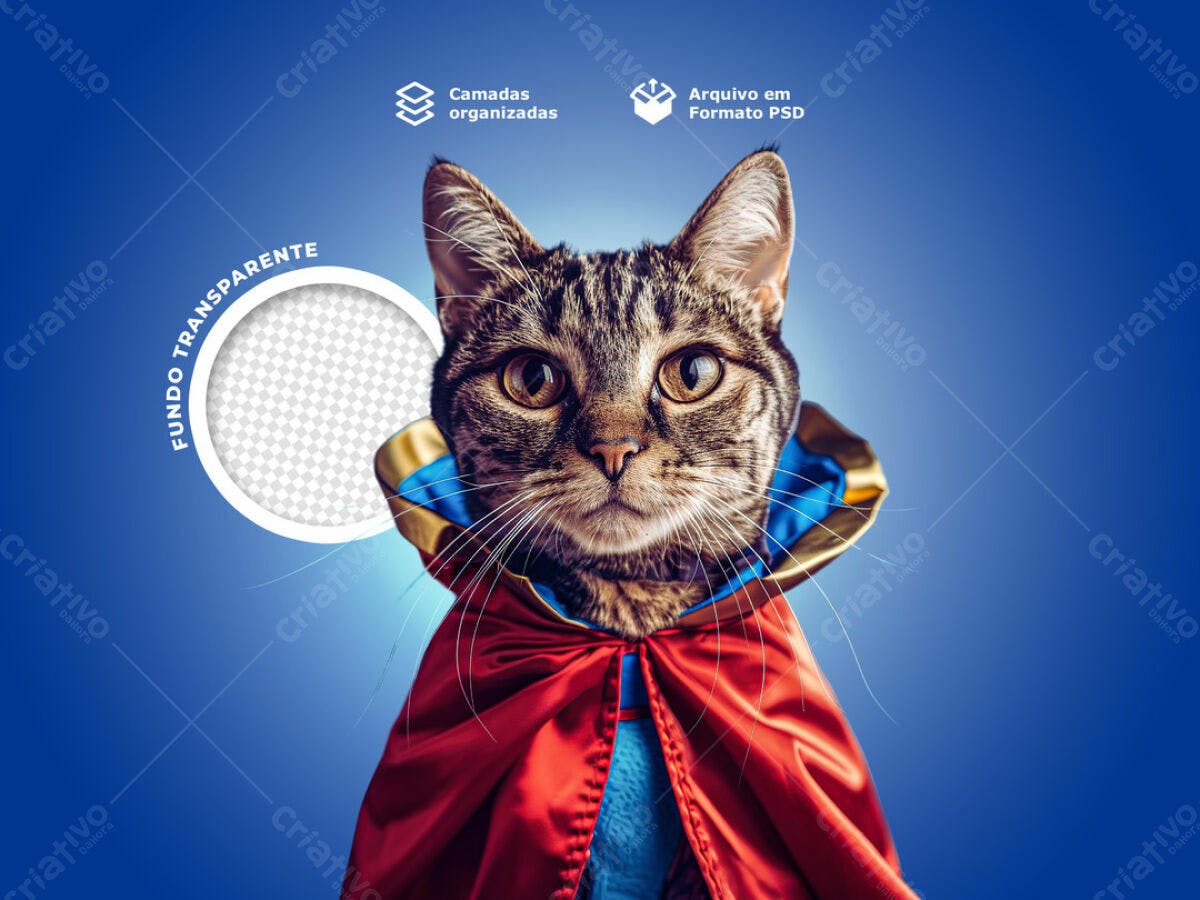 Post para Redes Sociais com Gato Super-Herói PSD Editável