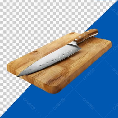 Gleaming steel chef's knife resting on a rustic wooden board