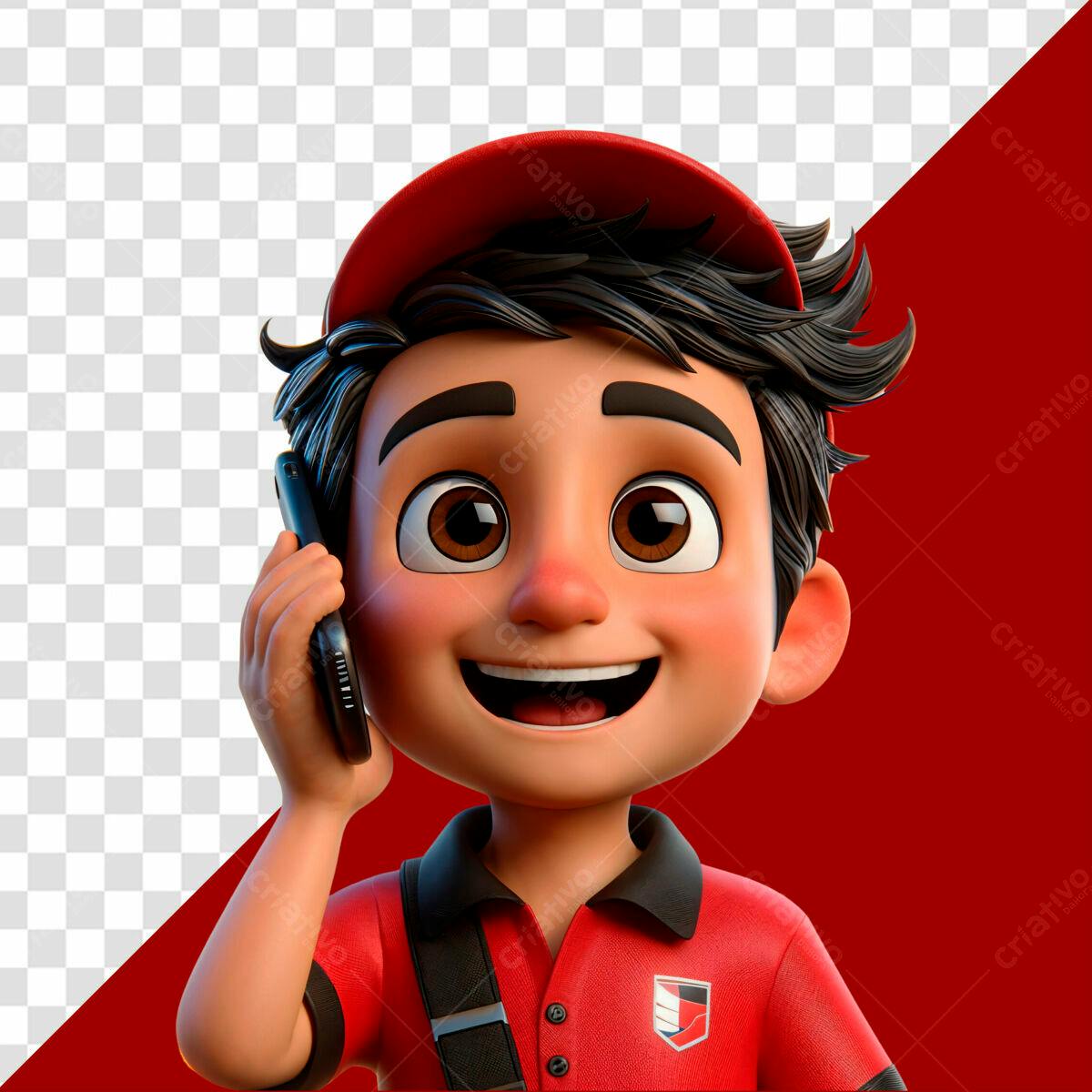 Personagem Cartoon Entregador ao Telefone PSD Editável