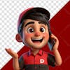 3d character, boy in red shirt, using cell phone