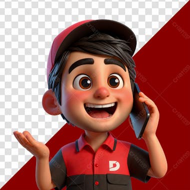 Personagem 3d menino de de blusa vermelha no celular