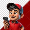 3d character, boy in red shirt on cell phone