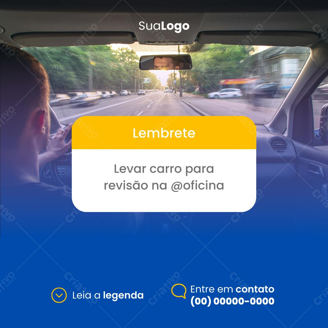Post Instagram Lembrete de revisão de carro azul e amarelo Editável no Canva