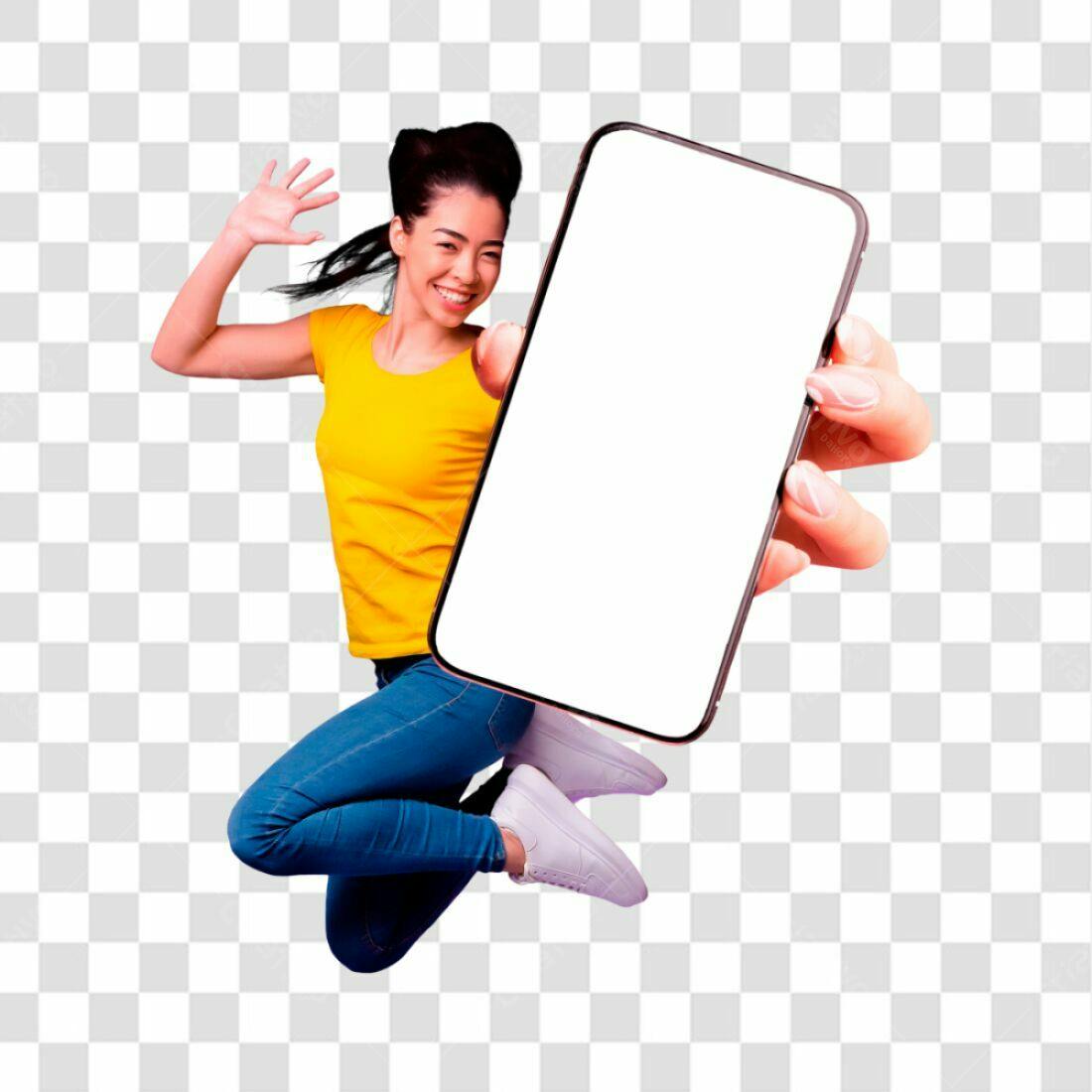 Mockup PNG com fundo transparente mulher pulando com celular