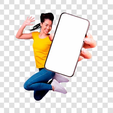 Png mulher pulando feliz mostrando tela de celular em branco