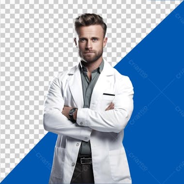 A portrait of a young, handsome doctor with confident