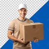 Delivery man in t shirt and white cap holds a package.