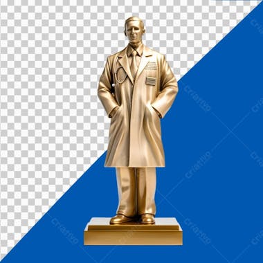 A golden statue of a doctor standing with hands in pockets