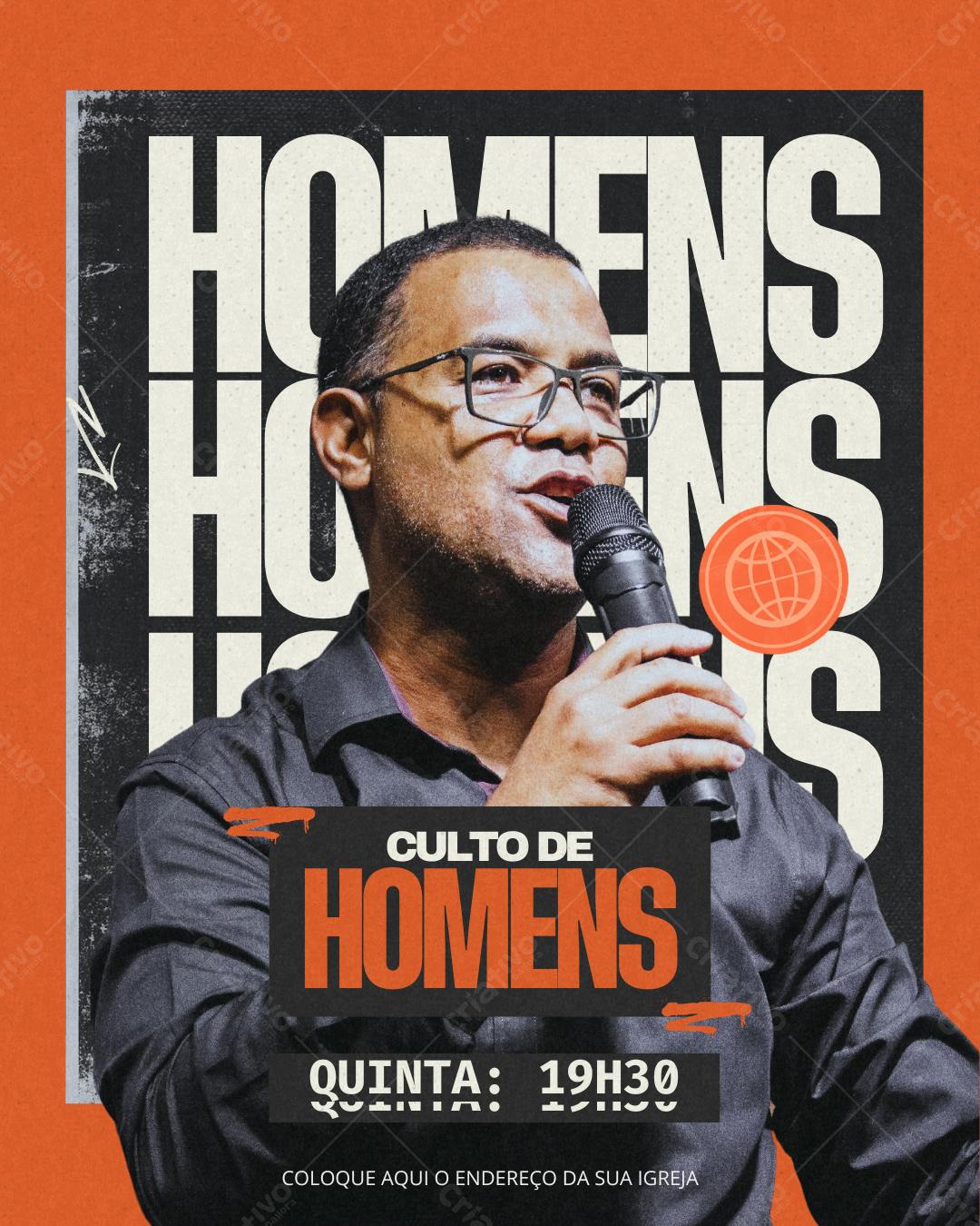 Template de convite culto homens estilo vintage Editável no Canva