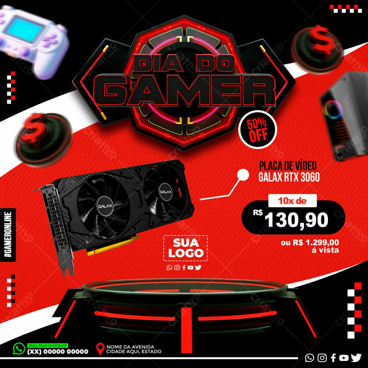 Flyer Dia do Gamer com Placa de Vídeo PSD Editável