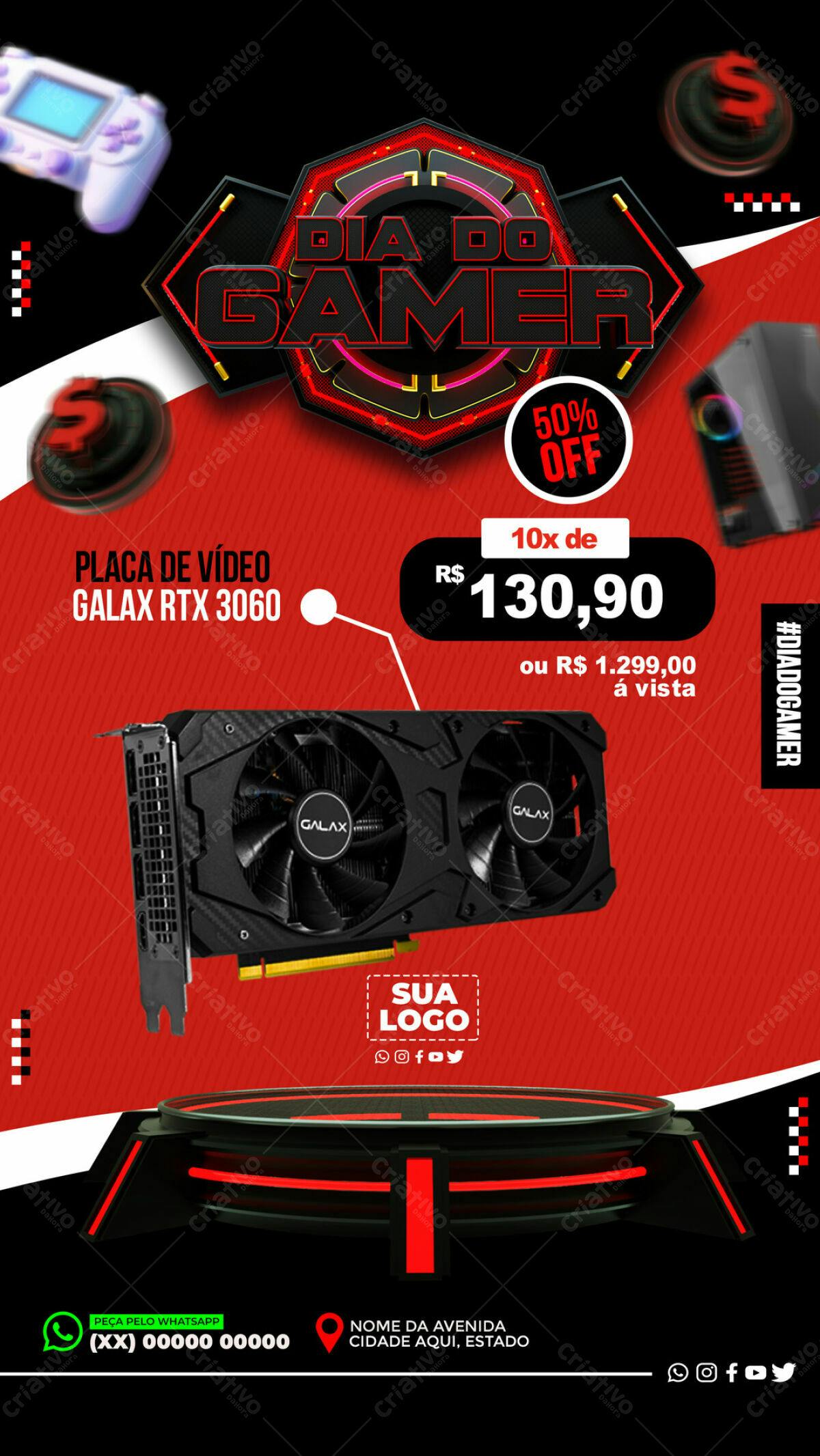 Flyer Dia do Gamer com Placa de Vídeo PSD Editável