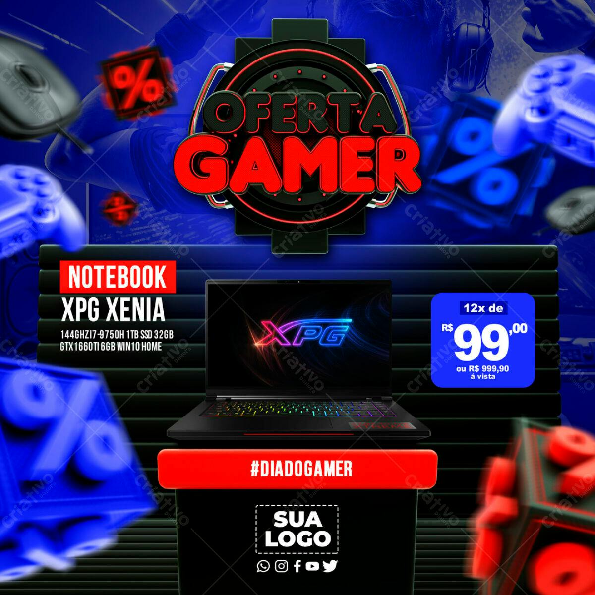 Flyer Dia do Gamer com Notebook XPG PSD Editável