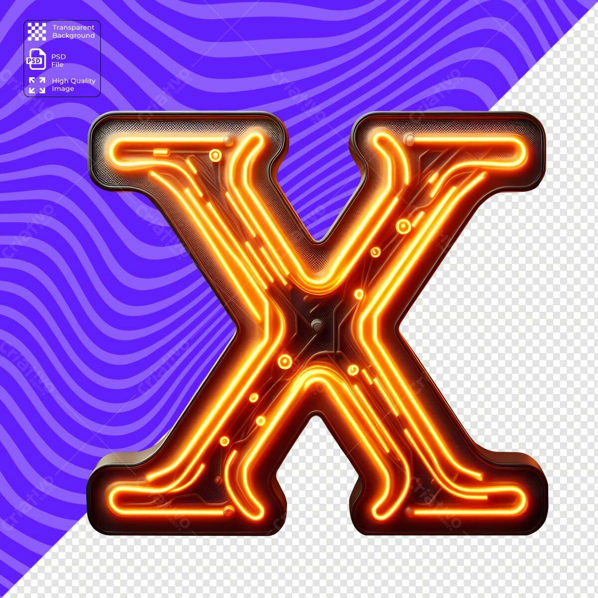 Letra X Neon Laranja PSD Editável