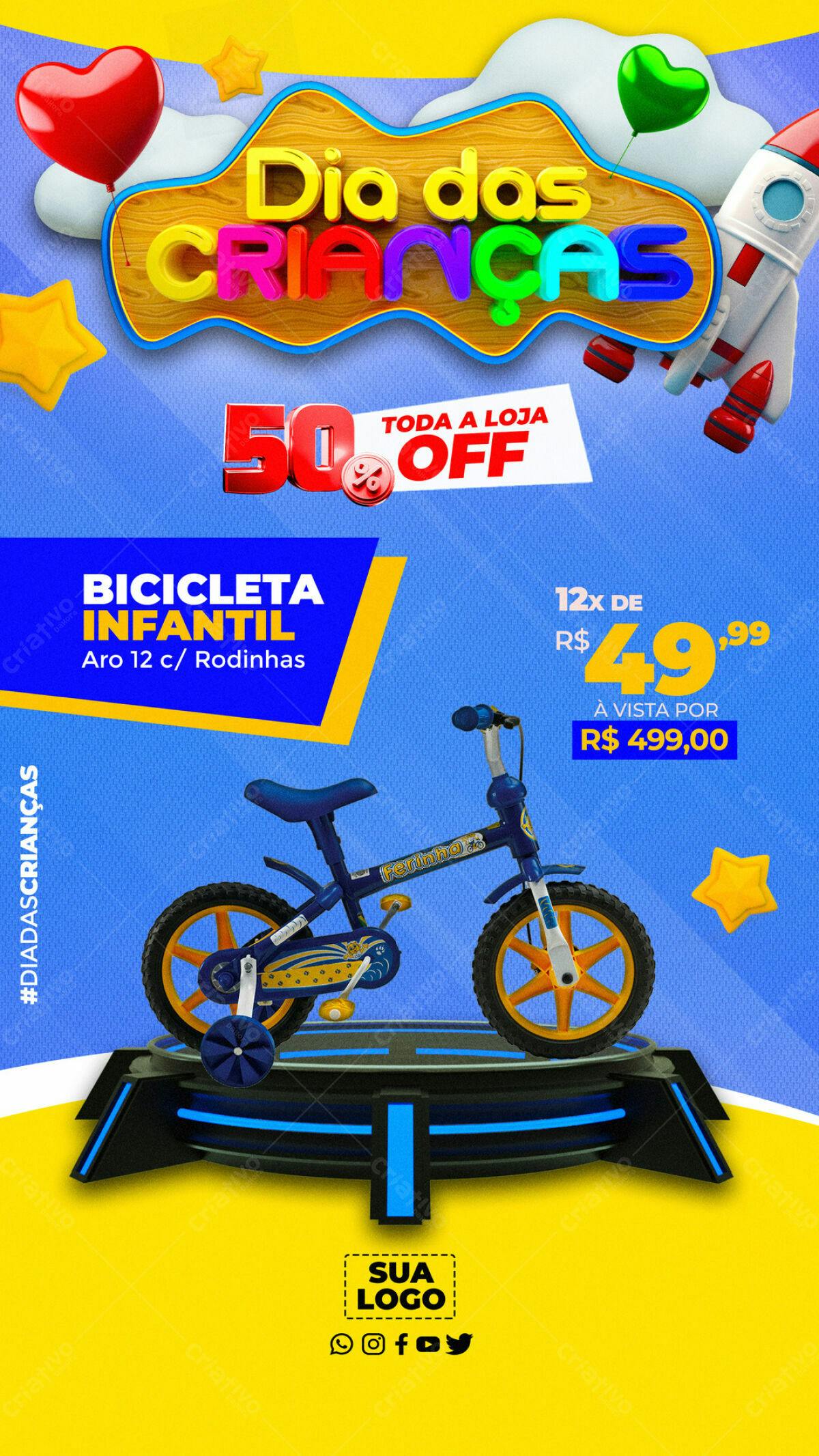 Flyer Dia das Crianças com Bicicleta Infantil PSD Editável