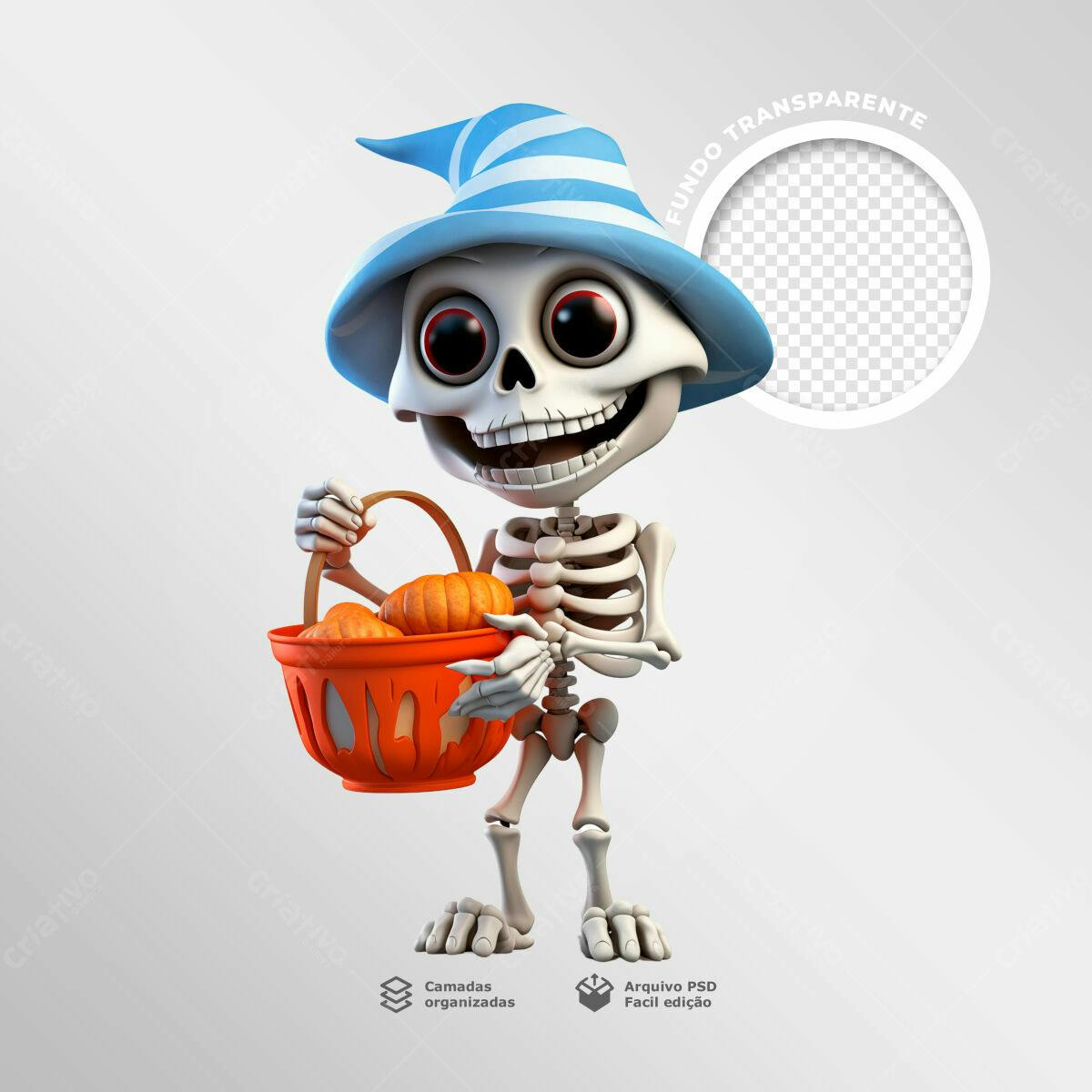 Post para Halloween com Esqueleto Cartoon PSD Editável