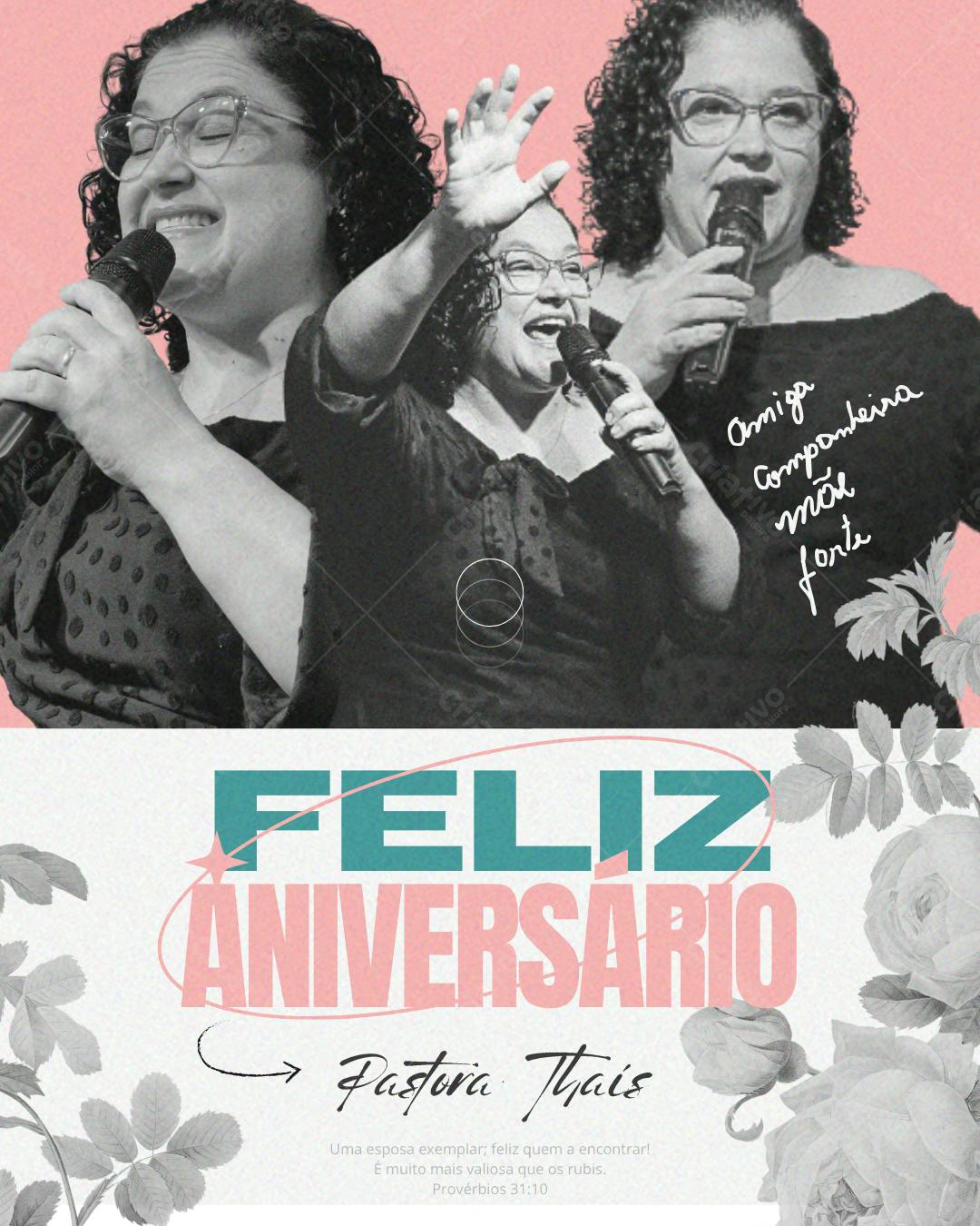Template de Convite de Aniversário para Pastora com Fotos em Tons de Cinza e Rosa