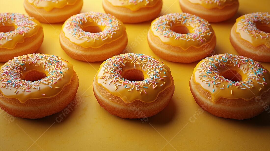 Donuts com cobertura amarela e confeitos coloridos
