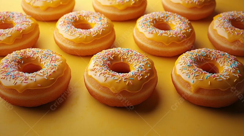 A imagem apresenta uma variedade de donuts com uma cobertura amarelo limão brilhante