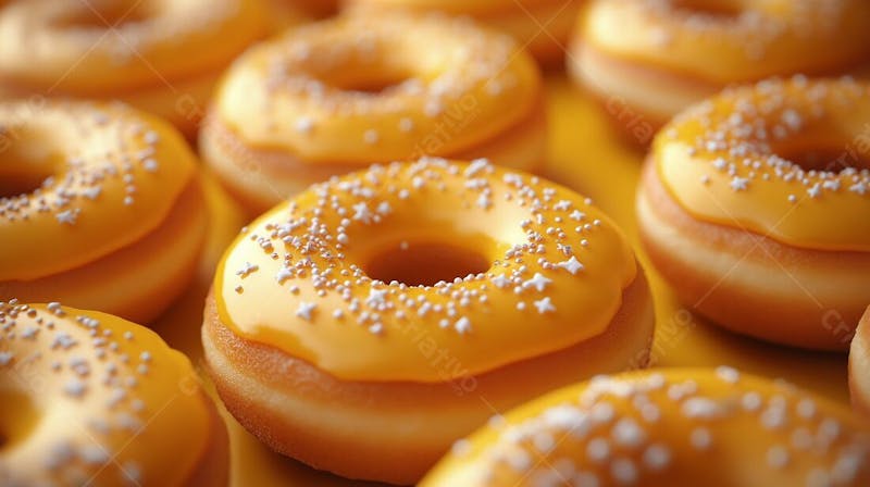 A imagem apresenta uma variedade de donuts com uma cobertura amarelo limão brilhante