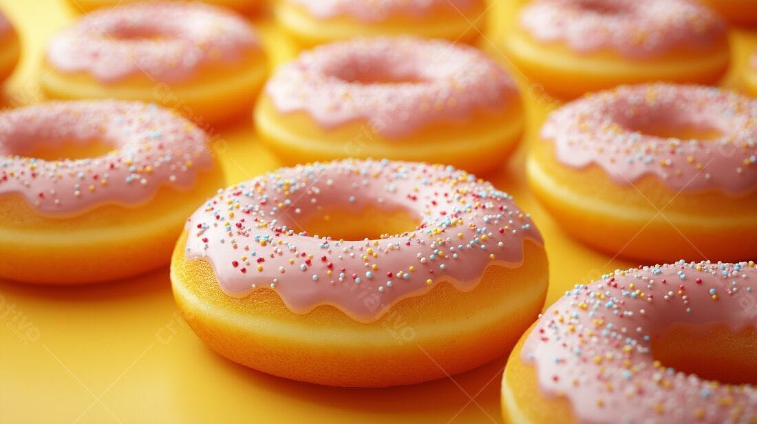 Donuts rosados com confeitos fundo amarelo