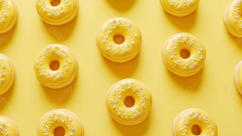 A imagem apresenta uma variedade de donuts com uma cobertura amarelo limão brilhante