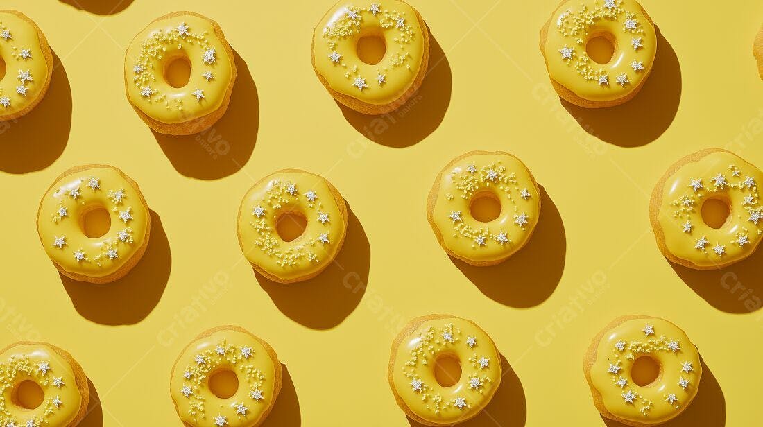 Donuts amarelos com confeitos em fundo amarelo