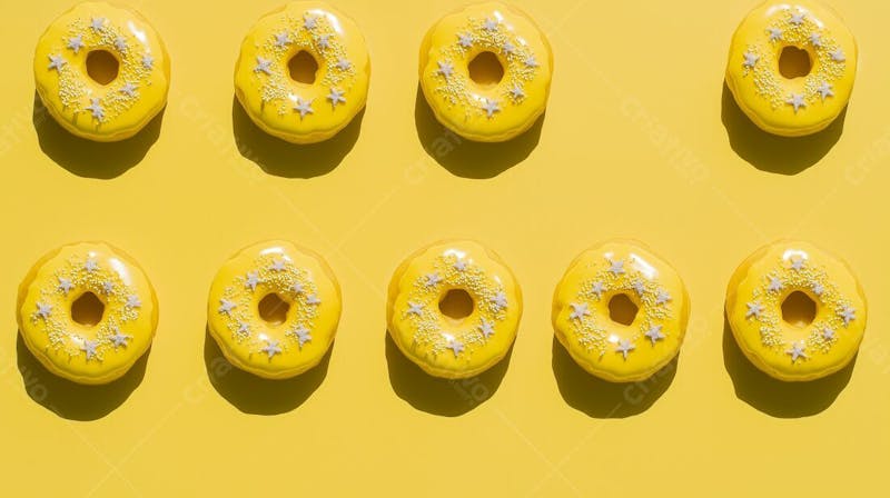 A imagem apresenta uma variedade de donuts com uma cobertura amarelo limão brilhante