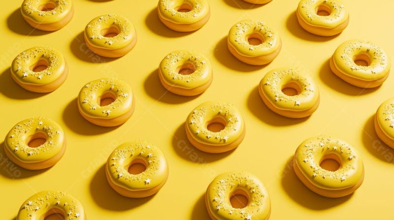 A imagem apresenta uma variedade de donuts com uma cobertura amarelo limão brilhante