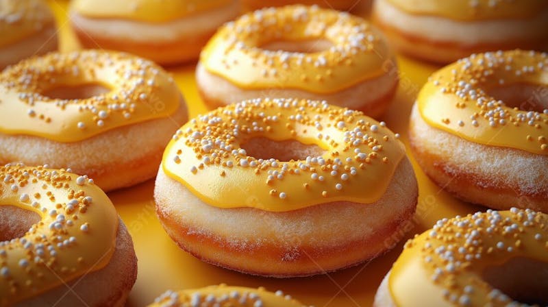 A imagem apresenta uma variedade de donuts com uma cobertura amarelo limão brilhante