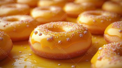 A Imagem Apresenta Uma Variedade De Donuts Com Uma Cobertura Amarelo Limão Brilhante