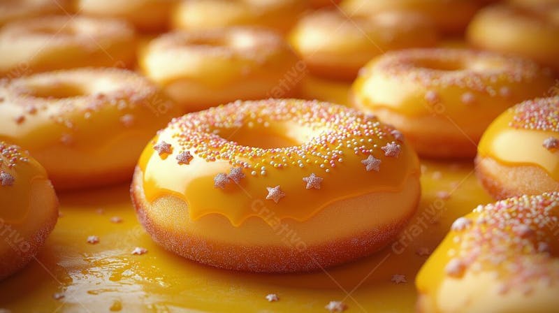 A imagem apresenta uma variedade de donuts com uma cobertura amarelo limão brilhante