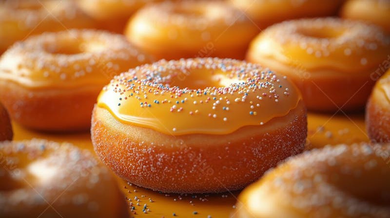 A imagem apresenta uma variedade de donuts com uma cobertura amarelo limão brilhante