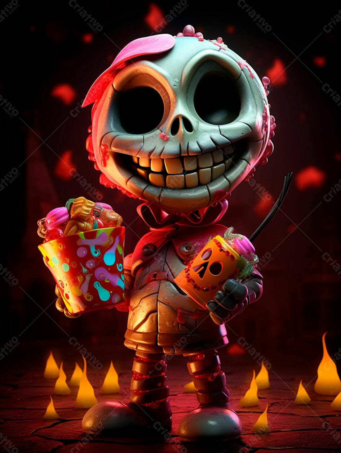 Caveira fofa com doces Dia das Bruxas