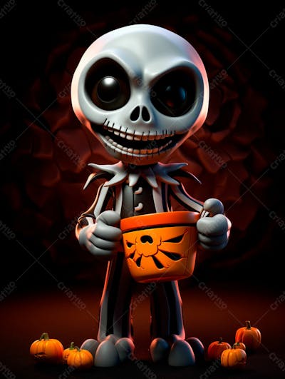 Mascote Esqueleto De Halloween Em 3D Com Olhos Grandes