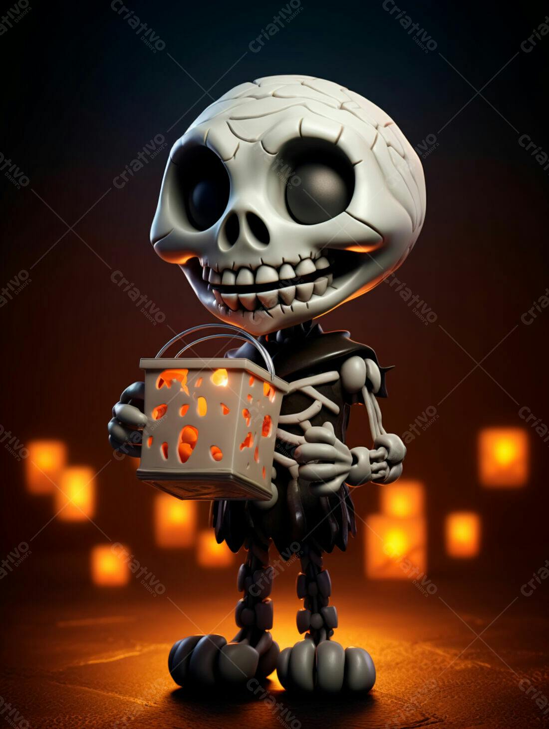 Esqueleto fofo com lanterna no Halloween