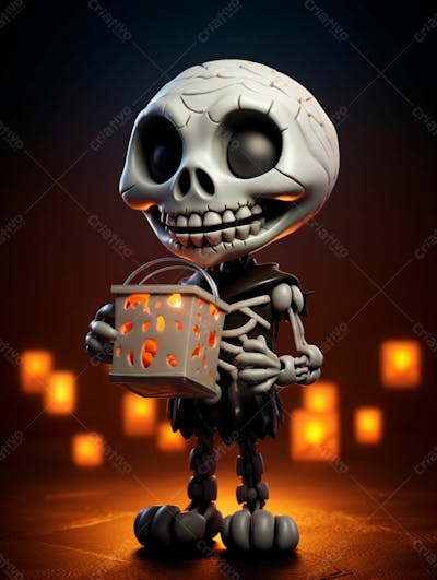 Mascote Esqueleto De Halloween Em 3D Com Olhos Grandes